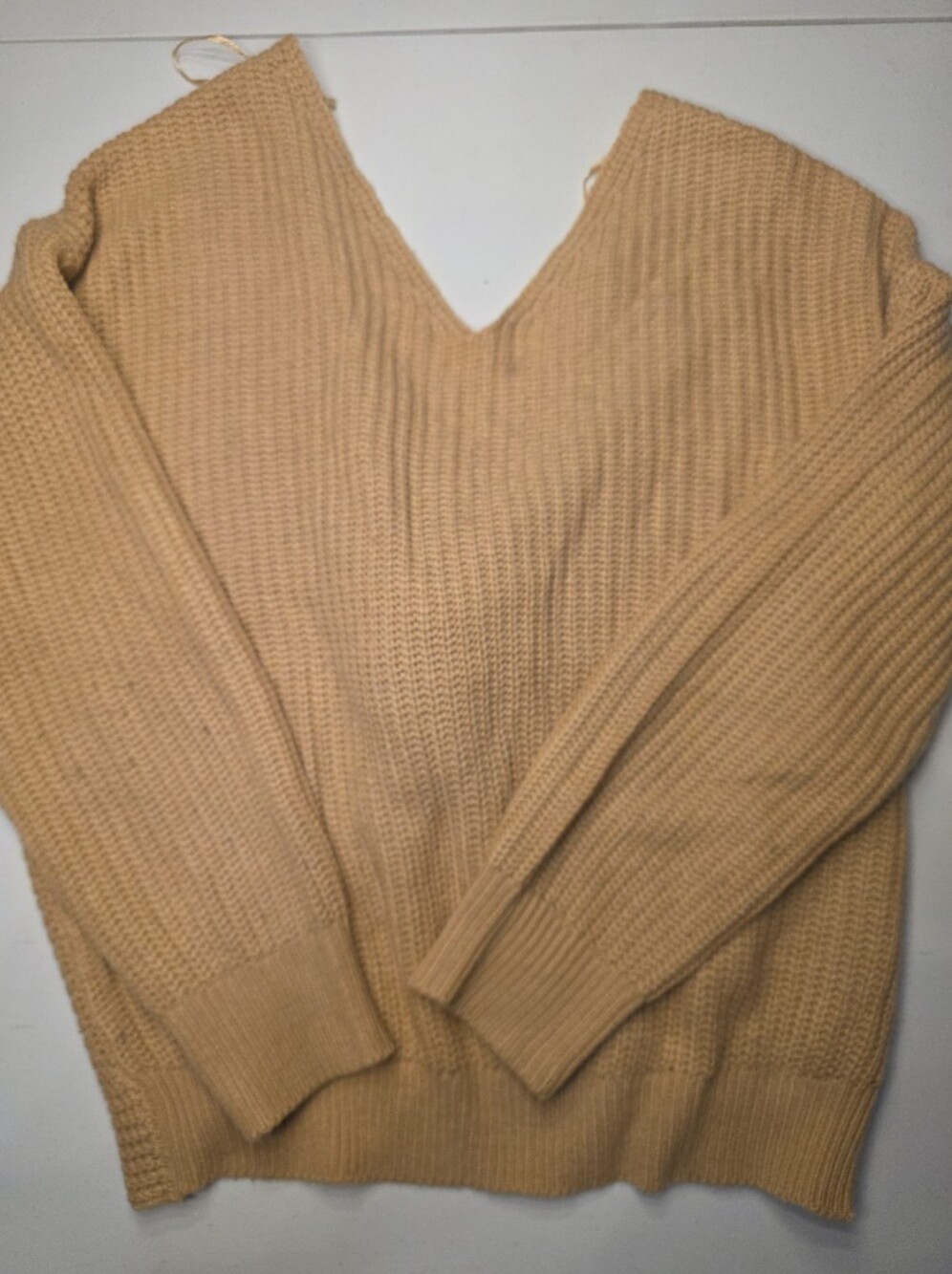 Fashion Nova Women's V-Neck Ribbed Sweater in Camel Tan